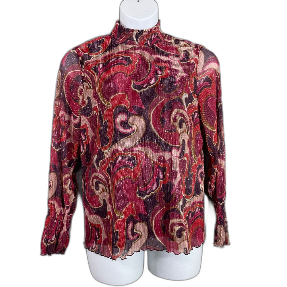 Chicos  Blouse women’s XL Ruffle paisley Valentine red purple metallic threads